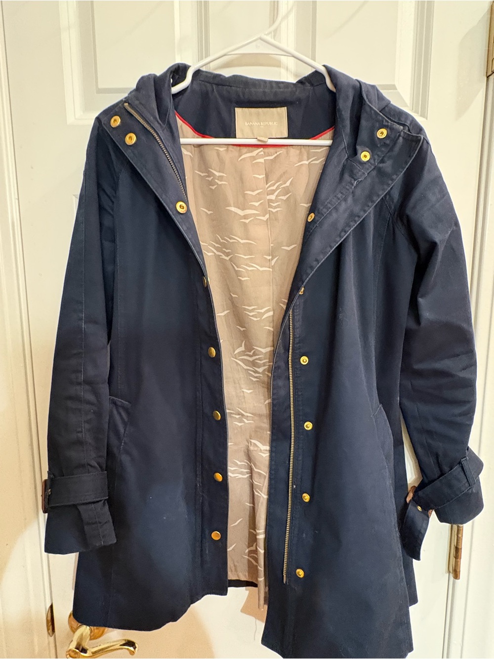 Banana Republic Navy Hooded Trench Coat with Gold Hardware